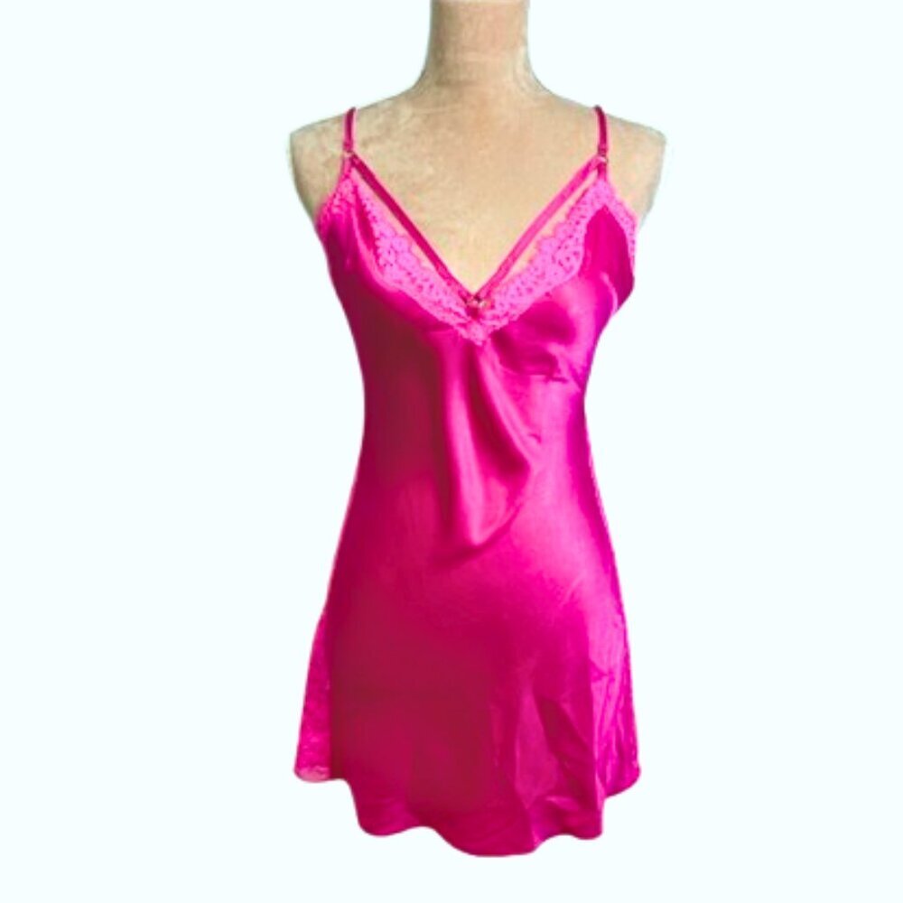 Victoria's Secret Satin & Lace Slip Dress Hot Pink Harness Strap Open Back Small